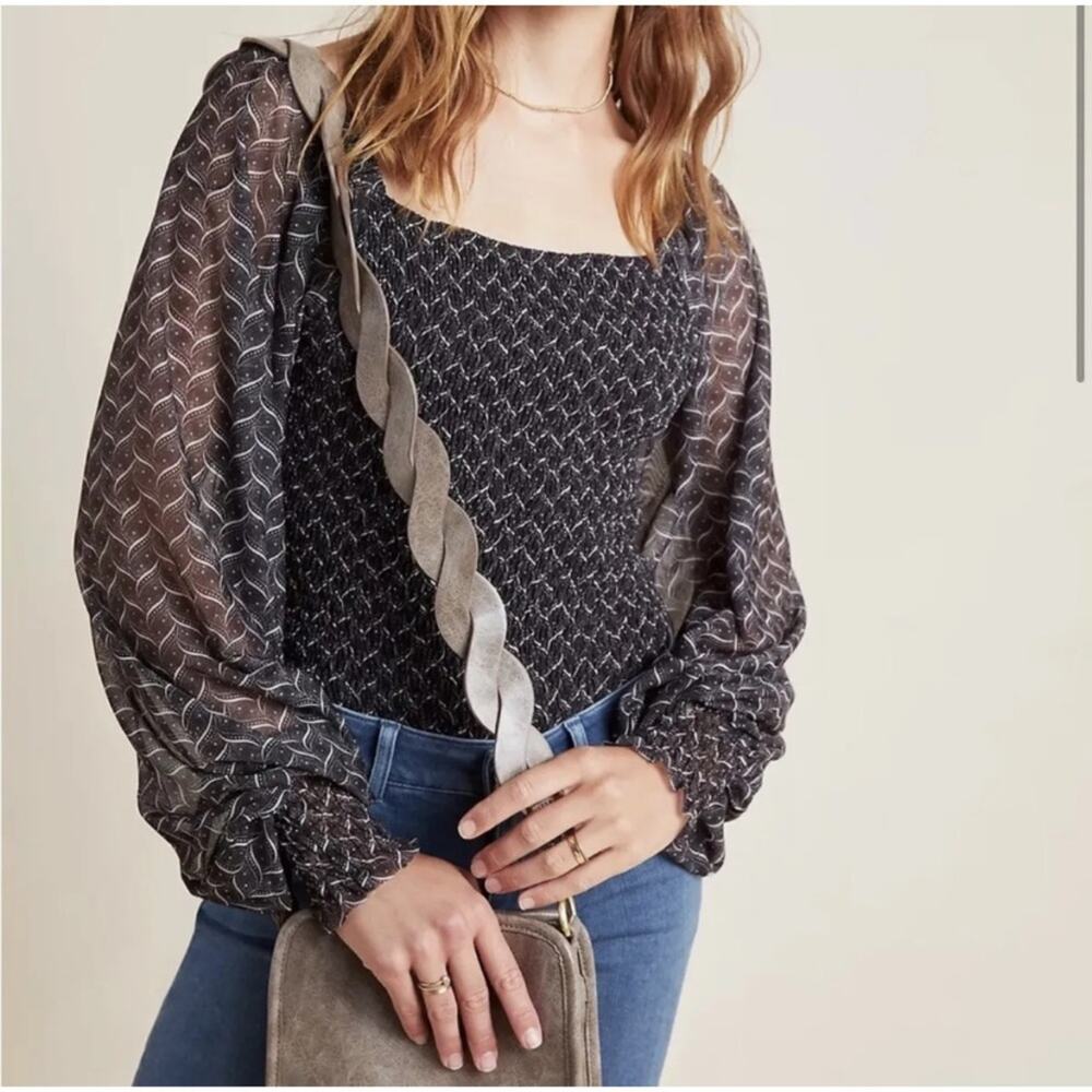 Anthropologie Rouen Smocked Black Sheer Sleeve Blouse size small